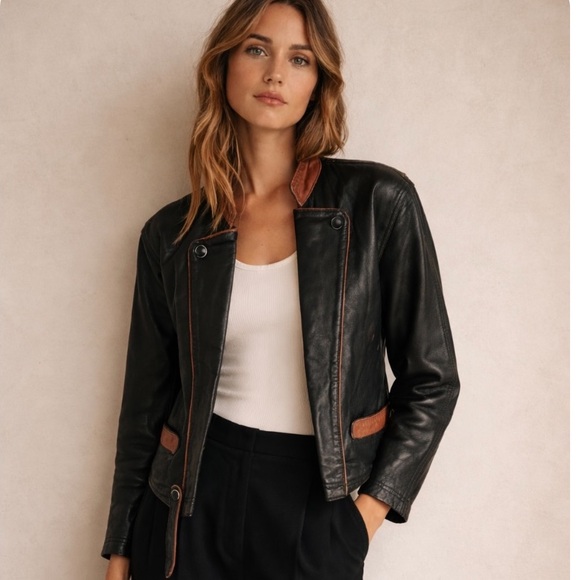 Vintage Jackets & Blazers - Vintage Butter Soft Black Leather Moto Jacket Brown Trim Quiet Luxury Minimalist